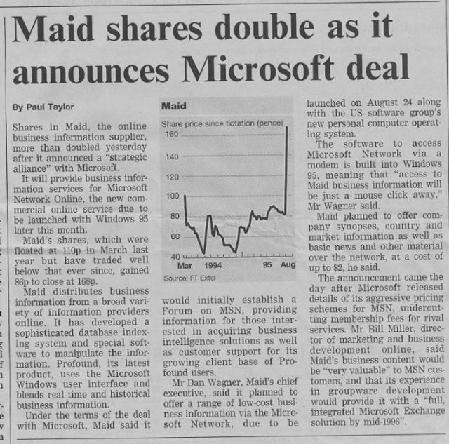 Newspaper clipping from the Financial Times, 10 August 1995, reporting that MAID's shares doubled on the announcement of its alliance with Microsoft.