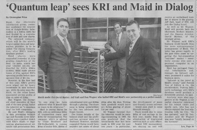 Newspaper clipping from the Financial Times, 3 October 1997, headlined "Quantum leap sees KRI and MAID in Dialog", reporting MAID's agreement to buy Knight-Ridder Information for $420 million.