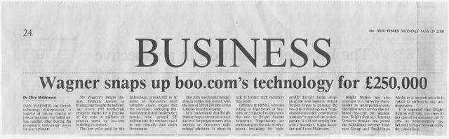 Newspaper clipping from The Times, 29 May 2000, headlined "Wagner snaps up boo.com technology for £250,000".