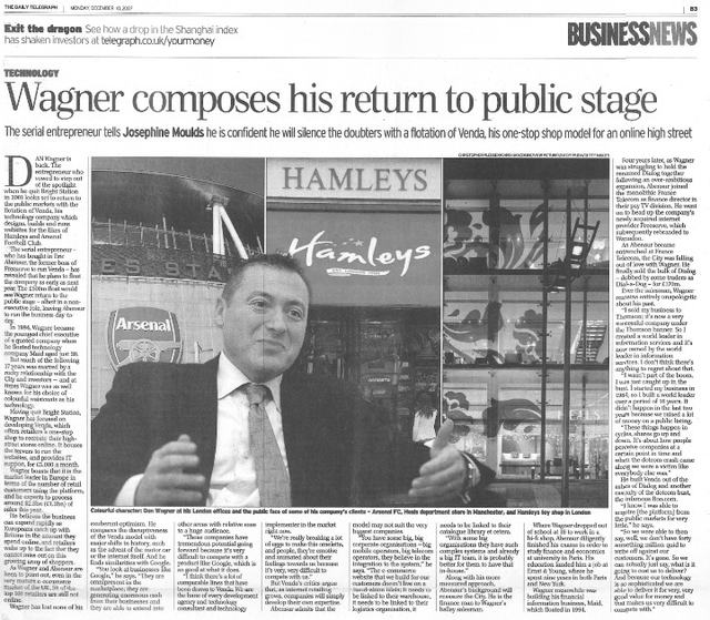 Newspaper clipping from The Daily Telegraph, 10 December 2007, profiling Dan Wagner and Venda under the headline "Wagner composes his return to the public stage".