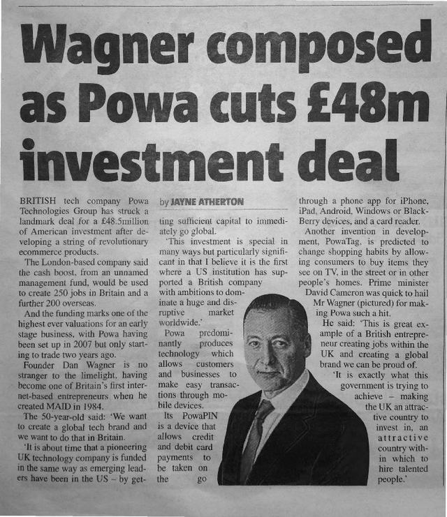 Newspaper clipping from Metro, 21 August 2013, reporting Powa's £48 million investment from Wellington Management.