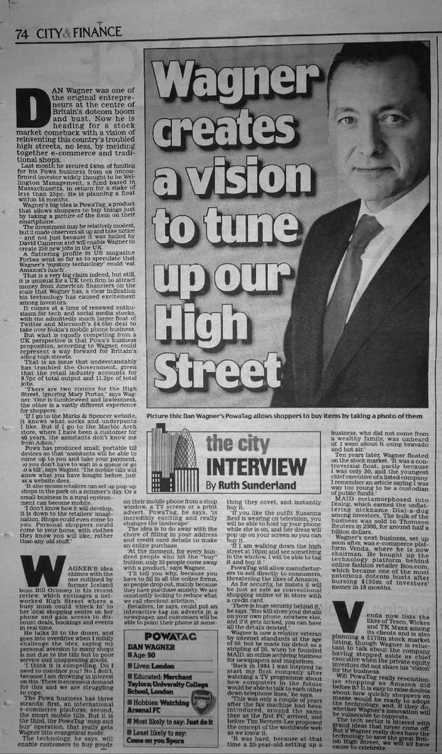 Newspaper clipping from the Daily Mail, 14 March 2014, profiling Dan Wagner and Powa's plans for the high street.