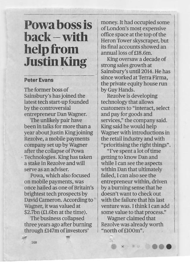 Newspaper clipping from The Sunday Times, 16 June 2019, reporting that Justin King, former chief executive of Sainsbury's, had joined Rezolve as an adviser and shareholder.