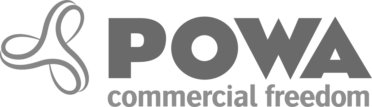 Powa logo, a three-leaf knot mark beside the word POWA in heavy capitals and the phrase commercial freedom